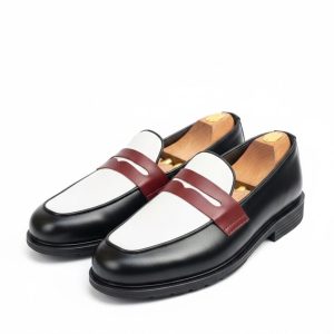 Tri-Tone Penny Loafer in Black, White, and Burgundy