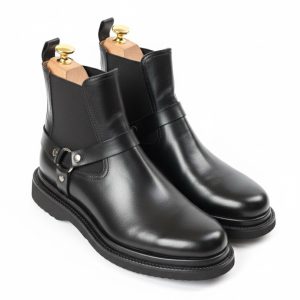 Black Leather Harness Chelsea Boots with Lug Sole