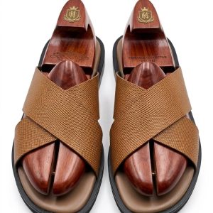Textured Leather Cross-Strap Slides