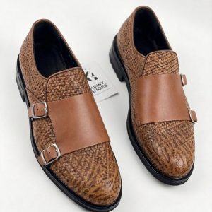Tan Woven Leather Double Monk Strap Shoe