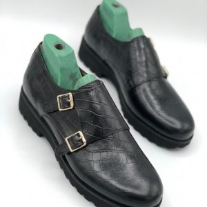 Croc-Effect Double Monk Strap Shoe
