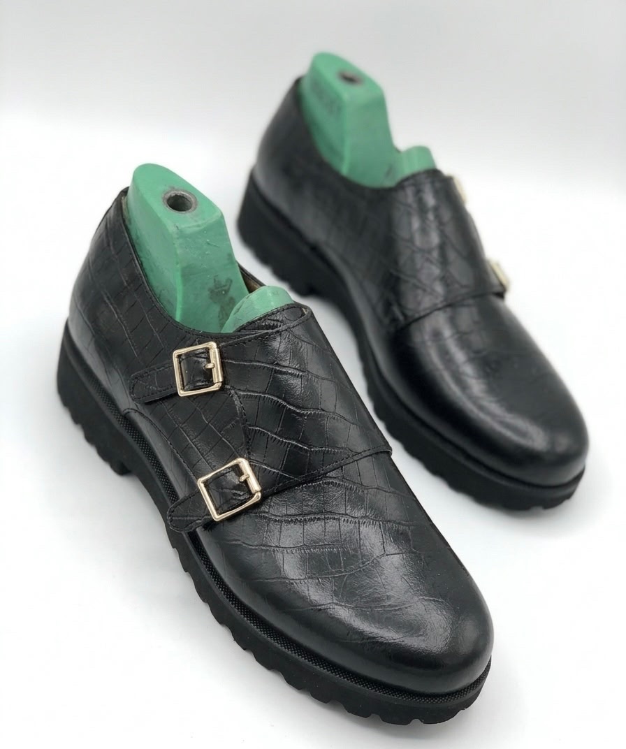 Croc-Effect Double Monk Strap Shoe